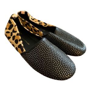 House of Harlow 1960 Leopard Calf Hair Stud Kye Flat Loafer Sz 41 Black Brown